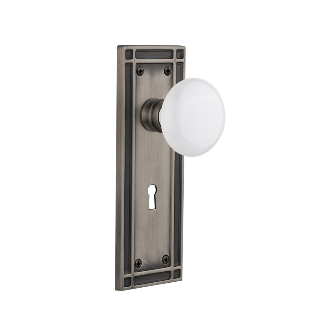 Nostalgic Warehouse MISWHI Mortise Mission Plate with White Porcelain Knob and Keyhole in Antique Pewter